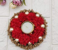Satyam Kraft 1 pcs 5 inch Diameter Diwali Collection Designer Hand Crafted Festive Decor Diya thali Tealight Candle Holder Pooja Thali Traditional Diwali Decor (Tealight with Golden pollens)- Amazon