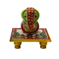 eCraftIndia Marble Crystal Studded Lord Ganesha Chowki with Peocock and Kalash (LxWxH - 4INx4INx4IN)- Amazon