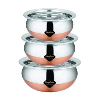 Meqstore Home Kitchen Appliances Stainless Steel Serving Handi Pan, Copper Bottom Biryani Handi Punjabi Pot Pan Combo Handi Set of 3- Amazon