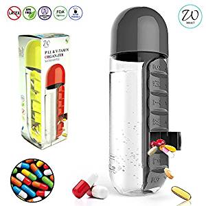 West7 Water Bottle with Pill Organizer Upgraded, 600ml Bottle with 7 Day Medicine Organizer Compartment (Onyx Black)- Amazon