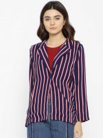 [Size S, M, L] PEOPLE Striped Single Breasted Casual Women Blazer  (Dark Blue)- Flipkart