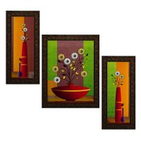 Indianara Set of 3 Flowers in Vases Paintings (2643) without glass 6 X 13, 10.2 X 13, 6 X 13 INCH- Amazon
