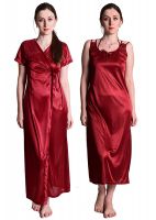 Senslife Women's Nightwear Sleepwear Solid 2pc Set of Satin Nighty with Robe Set SL018- Amazon