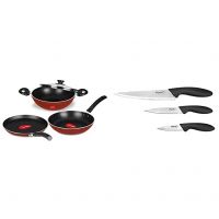 Pigeon by Stovekraft Basics Induction Base Non-Stick Aluminium Cookware Set, Terracotta Brown & Stainless Steel Kitchen Knives Set, 3-Pieces, Multicolour Combo- Amazon