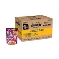Whiskas Tasty Mix Adult (1+ year) Wet Cat Food Made With Real Fish, Chicken With Tuna And Carrot in Gravy, (70g x 12 x 2 = 1.68 kg)- Amazon