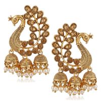 MEENAZ Traditional South indian Temple Ethnic Zinc Metal Alloy 18K High Gold Plated Pearl Moti Peacock Jhumki Triple Jhumka Earrings- Amazon