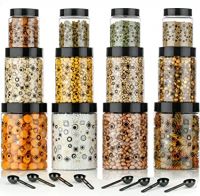 SR Creation Airtight Kitchen Containers Set of 12-4 pcs x 1200 ml Each, 4 pcs x 650 ml Each, 4 pcs x 350 ml Each, 12 Spoons Plastic Printed Design Jar Sets, Dabba For Home Storage (Black)- Amazon