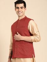 Anouk Men Rust & Gold-Toned Checked Pure Cotton Nehru Jacket- Myntra