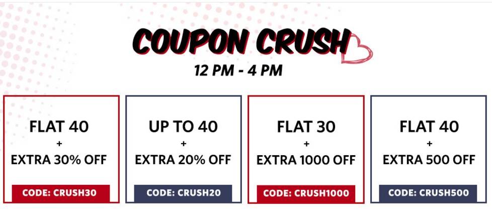 Myntra Crush Hour Sale – Flat 40% Off + Extra 30% / 20% ,Flat 30% Off + Extra 1000 Off and Many More offers (12 pm – 4 pm)