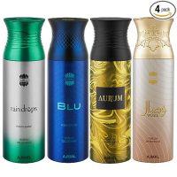 Ajmal Raindrops & Blu & Aurum & Wisal Deodorant Spray- For Men (200 ml, Pack of 4) + 2 Perfume Testers- Amazon