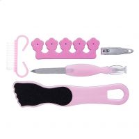 Amazon Brand - Solimo Manicure and Pedicure Kit with Nail File, Brush, Toe Separator, Foot Grinder and Nail Clipper, Pink, Pack of 5- Amazon