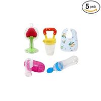 Fruit Feeder Pacifier (1 Pcs) with 1 PCS Silicone Baby Food Dispensing Spoon 90ML and 1 pcs Fruit Teether 1pcs Finger Brush 1 pcs Baby bib (5 PCS Multi Combo)- Amazon