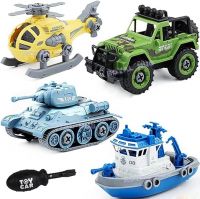 Royal Hub DIY Military Army Car Toy 4 Pack with 1 Screwdriver Tools, Kids STEM Toys Including 1 Helicopter, 1 Jeep, 1 Tank, and 1 Boat for Toddlers Age 3-6, Birthday Gifts- Amazon