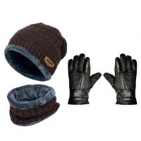 TruFlair Winter Knit Beanie Cap Hat Neck Warmer Scarf and Leather Gloves Set Skull Cap for Men Women/Winter Cap- Amazon