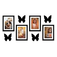 Amazon Brand - Solimo Set Of 4 Photo Frames With Mount Paper & 4 Butterfly Plaque (6 X 8 Inch - 4), Black, Rectangular, wall mount- Amazon