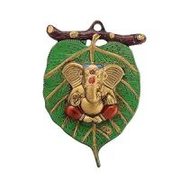 eCraftIndia Golden Metal Lord Ganesha in Red Dhoti on Green Leaf Wall Hanging Decorative showpiece- Amazon