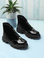 Roadster The Lifestyle Co. Women Black Mid Top Platform Heel Chunky Boots With Zip- Myntra