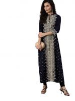 ishin Women's Cotton Anarkali Embellished Beads and Stones Floral Print Navy Blue Kurti- Amazon