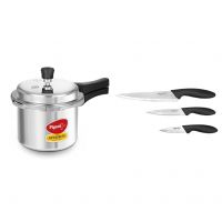 Pigeon By Stovekraft Favourite Induction Base Aluminium Pressure Cooker with Outer Lid, 3 Litres (Silver) + Stainless Steel Kitchen Knives Set, 3-Pieces, Multicolour- Amazon