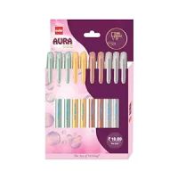 Cello Aura Shine Ball Pen | Blue Ink | Set of 10 Ball Pens | Long Needle Tip and Metallic Body | Best- Amazon