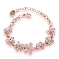 Okos Rose Gold Plated Pink Flowers Link Chain Adjustable Size Charm Alloy Bracelet Decorated With Crystals- Amazon