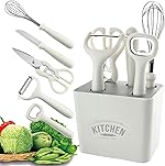 Mirramor Stainless Steel 6-Piece Kitchen Gadgets Set, Kitchen Scissors, Kitchen Utensils Set with Holder, Paring Knife, Whisk, Bottle Opener, Peeler- Anti-Slip Handle, Decorative Base, White- Amazon