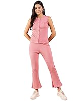 Modeve Women Top Pant Button Closure Solid Print Co-Ord Set- Amazon