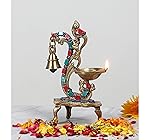 Two Moustaches Gemstone Work Ethnic Carved Peacock Design Brass Diya with Bell, Brass Antique Oil Lamp, Brass Diyas- Amazon