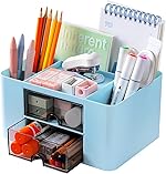 House of Quirk Small Desk Organizer With Drawer,Multi-Functional Pen Pencil Holder Storage Box For Desk & Accessories With 4 Compartments + 2 Drawer For Office Art Supplies (Blue)- Amazon