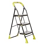 amazon basics Dynamo – Foldable Step Ladder, Safety Clutch Lock, Anti Slip Steps, Knee Guard, Anti Skid PVC Shoes, 3 Steps (Steel, Black & Lime Green)- Amazon
