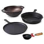 The Indus Valley Pre-Seasoned Cast Iron Cookware Set | Tawa(25.2cm), Fry Pan (25cm), Wok Model Kadai (20.8cm) & Tadka Pan (16.4cm) | Kitchen Cooking Combo Pots and Pans Set of 4Pcs Black- Amazon