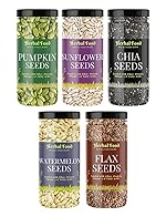 Herbal Food All Edible Seeds Combo Pack of – 750g | Healthy Chia, Pumpkin, Sunflower, Flax, Watermelon Seeds 150g Each [Jar Pack]- Amazon