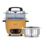 Pigeon Inox Pro Rice Cooker with Steamer, 1.8 litres | Stainless Steel Lid | 700 Watts | 1 Steel Cooking Pot | Measuring Cup | Spatula | Energy Efficient Cooking (Yellow)- Amazon