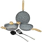 Amazon Basics Granite Finish Non Stick 5 Pcs Induction Base Cookware Set-Granito Grey (24cm Fry Pan, 24 cm Kadai, 28cm Tawa and 2 Nylon Spatulas)- Amazon