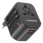 Ambrane Universal Travel Adapter,4 in 1 Fast Charging; 1 Type C (20W),2 USB (20W) & 1 AC Socket (880W) with 3 Removable Pins for EU,UK and USA/AUS and Other Countries for Modern Travel (ATA-01),Black- Amazon
