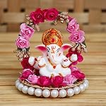 eCraftIndia Lord Ganesha Idol on Decorative Handcrafted Plate with Throne of Pink and Red Flowers- Amazon