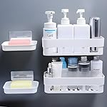 HOUSE OF VIPA Plastic Bathroom Shelf for Wall,Self-Adhesive Organiser with Towel Holder,Ideal Bathroom Accessories for Efficient Space Utilisation(2 Bathroom Shelves,2 Shop Dish(White) 4 Pack)- Amazon