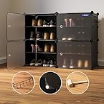 BOXJOY 8 Shelf Shoe Rack Box Organizer with Strong Door Magnets & 5 Hook Steel Holder for Home Storage, PP Plastic Cabinets with Metal Frame, Chappal Slipper Stand (Black Rack, Translucent Doors)- Amazon