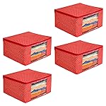 PrettyKrafts Cotton Quilted Large Sari Cover Bag With Zip Closure and Transparent Window|Stackable and Foldable Saree Cover | Storage Organizer Bag |Wardrobe Organiser Cover| Pack of 4, Red- Amazon