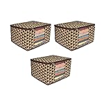 PrettyKrafts 3 Layered Quilted Saree Cover Bag/Wardrobe Organizer With Transparent Window And Zip/Clothes Storage Bag For Women’s, Lehenga, Suit, Dress, Accessories, (Pack of 3), Trio Beige Black- Amazon