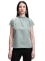 Tokyo Talkies Women’s Self-Design A-Line Top | Lace Short Sleeves | High Neck with Keyhole | Elegant & Feminine | Perfect for Casual Wear | Tops for Woman | Women Tops | Stylish Top- Amazon