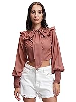 Tokyo Talkies Women’s Elegant High-Neck | Puffed Sleeves | Smocked & Ruffled Blouson Top | Tops for Woman | Women Tops | Stylish Top- Amazon
