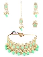 ZAVERI PEARLS Green Stones & Beads Ethnic Choker Necklace Earring Maangtikka & Ring Set For Women-ZPFK12235- Amazon