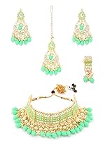 ZAVERI PEARLS Green Stones & Beads Ethnic Choker Necklace Earring Maangtikka & Ring Set For Women-ZPFK12733- Amazon