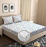 BSB HOME Cotton Rich 160tc Elastic Fitted Bedsheets with 2 Pillow Covers | Double Bed with Corner Fit Wrinkelfree Supersoft Floral Pattern Breathable |Size-72×68+6 inches | Off White & Blue- Amazon