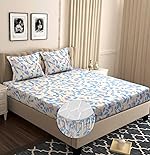 VAS COLLECTIONS Premium Cotton 160tc Elastic Fitted Bedsheets with 2 Pillow Covers | Double Bed with Corner Elastic Wrinkelfree Supersoft Floral Breathable |Size-72 x 68 + 6 inches | White & Blue- Amazon