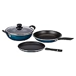 Solimo Aluminium – 3 Pcs Non Stick Cookware Sets, Tawa 25 Cm, Kadhai 24 Cm with Glass Lid, Fry Pan 24 Cm (Peacock Green)- Amazon