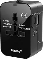 Basics India Universal Travel Adapter with Surge Protection & USB-C Charging – All-in-One Global Power Converter/Compatible with Smartphones, Laptops, Camera, Mobiles, Tablets (Black)- Amazon