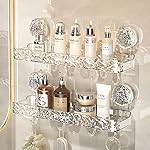 Wall Mounted Bathroom Storage Rack with Suction Cups – Double Shelf with Hooks – Transparent & Patterned Front Design (2)- Amazon