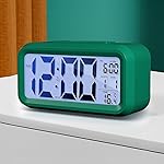 wolpin Digital Alarm Clock Desk Clock with Time, Date, Indoor Temperature Display, Smart Night Light LCD for Home, Kids Study, Office, Bedroom – Battery-Operated, Green- Amazon